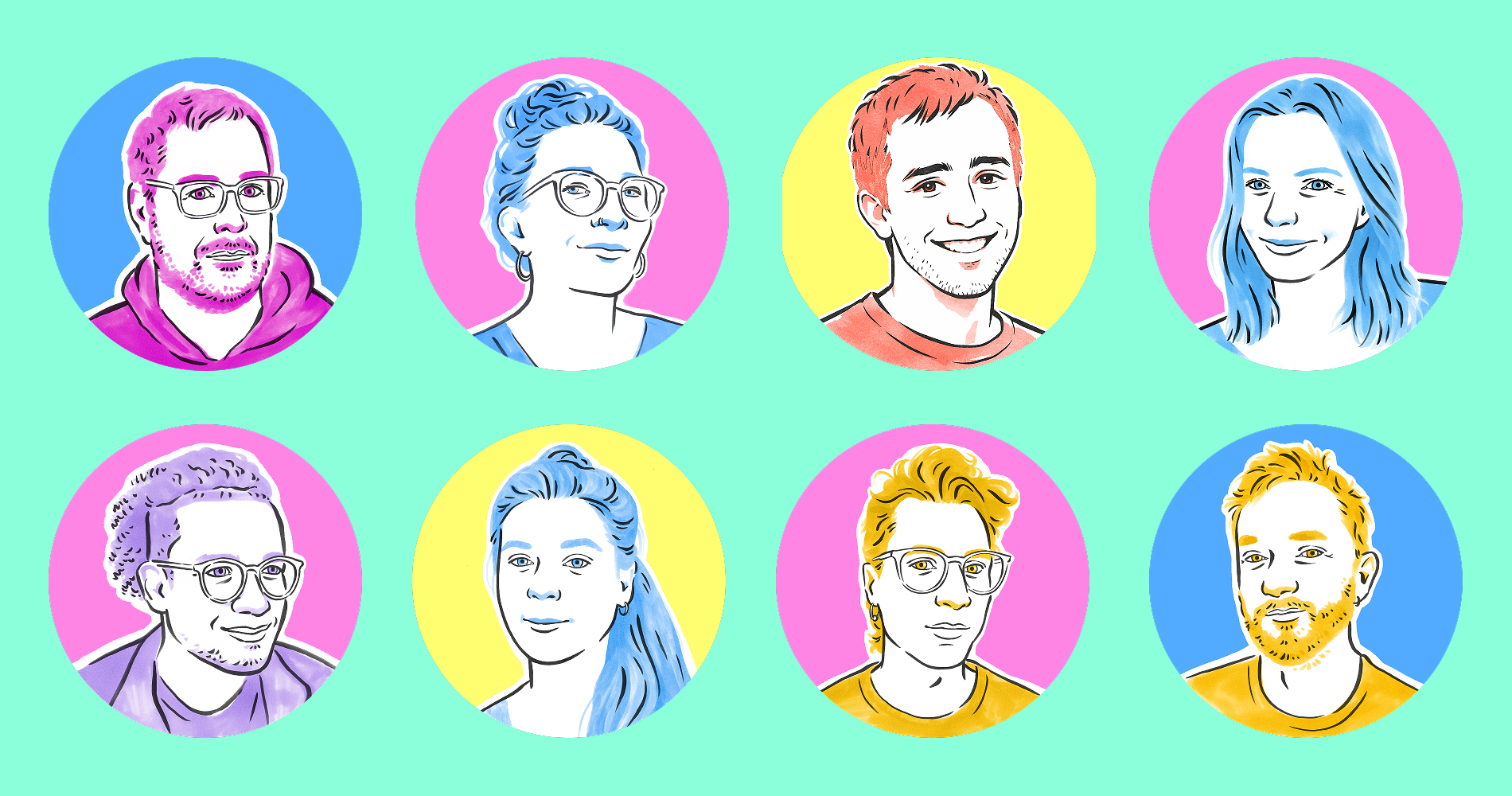 Illustrierte Porträts von acht Mitgliedern des bitcrowd-Teams vor mintgrünem Hintergrund