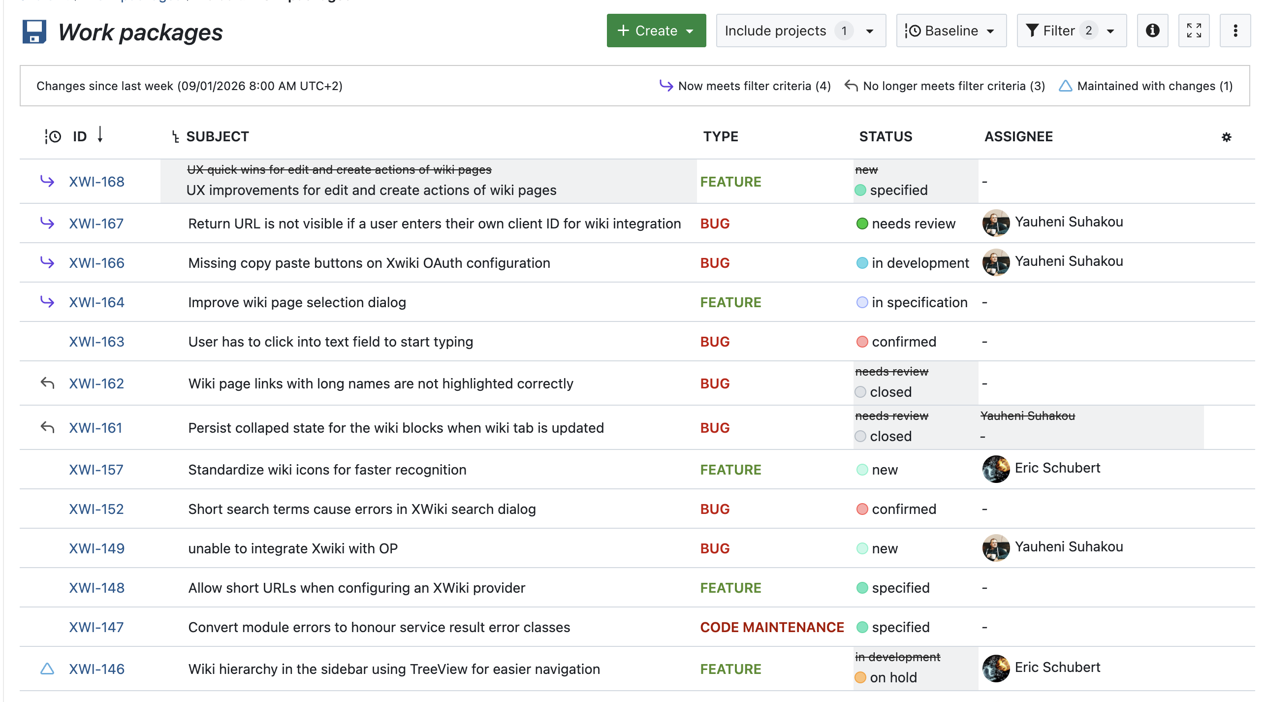Work package table in OpenProject with active Baseline comparison: Changed assignees, statuses or work package titles are crossed out, and a legend shows what symbols mean