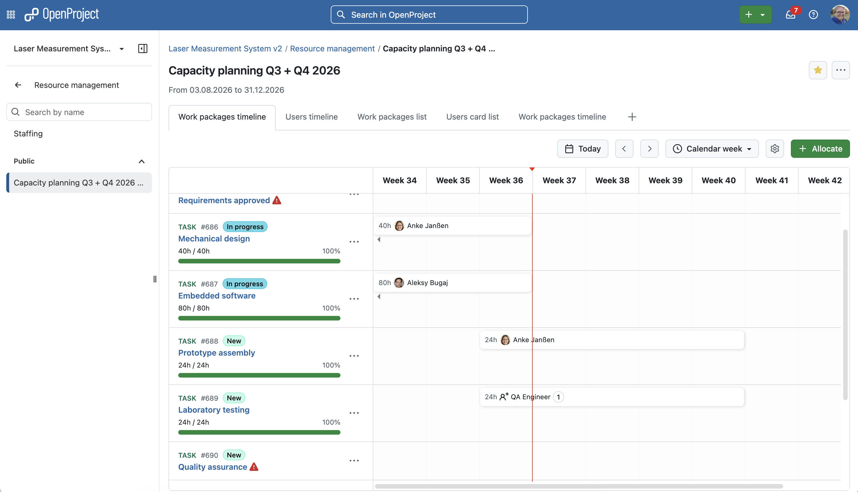 OpenProject Resource Management showing work packages, allocated hours, team members and an open resource requirement across a capacity planning timeline