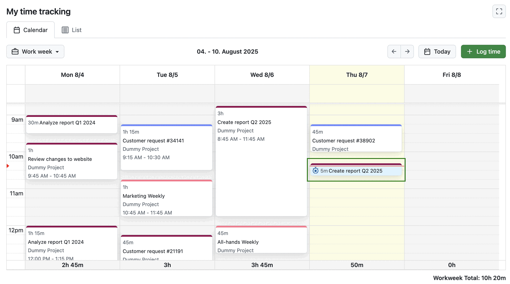 OpenProject My time tracking calendar showing time entries and daily and weekly totals across a work week
