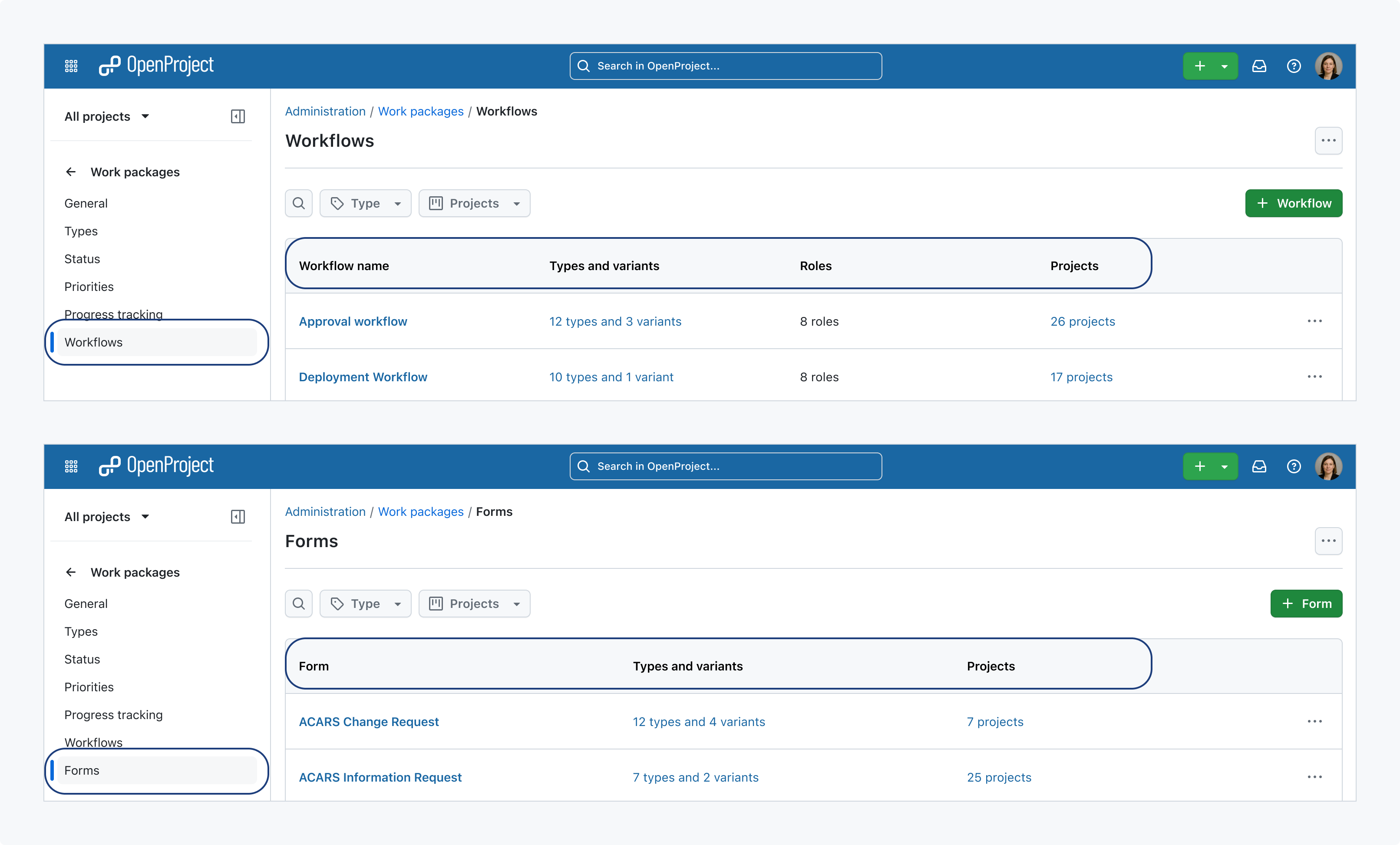 Preview of OpenProject 18.0 showing the workflow and form libraries in the work package administration