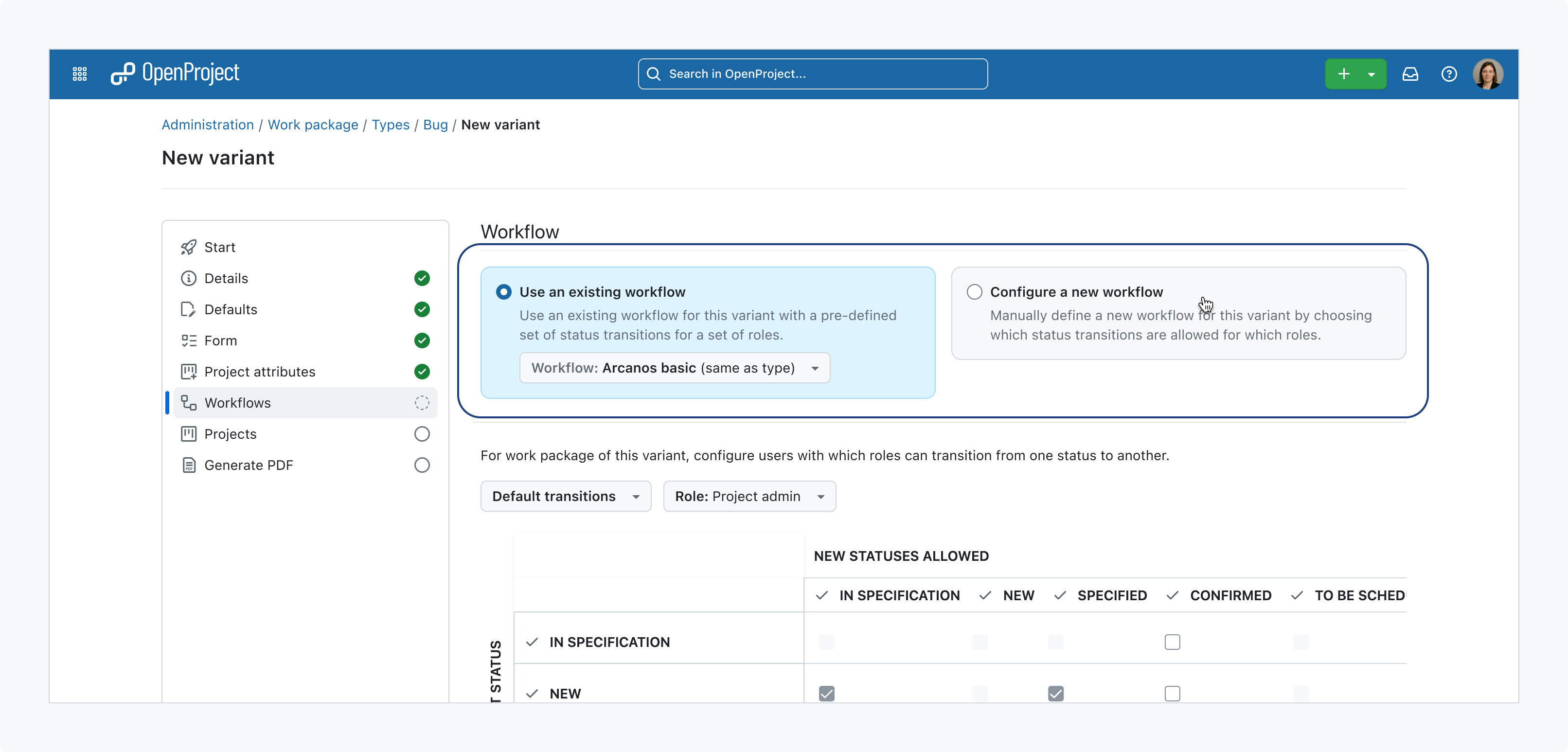 Preview of OpenProject 18.0 showing the option to use an existing workflow when configuring a type variant