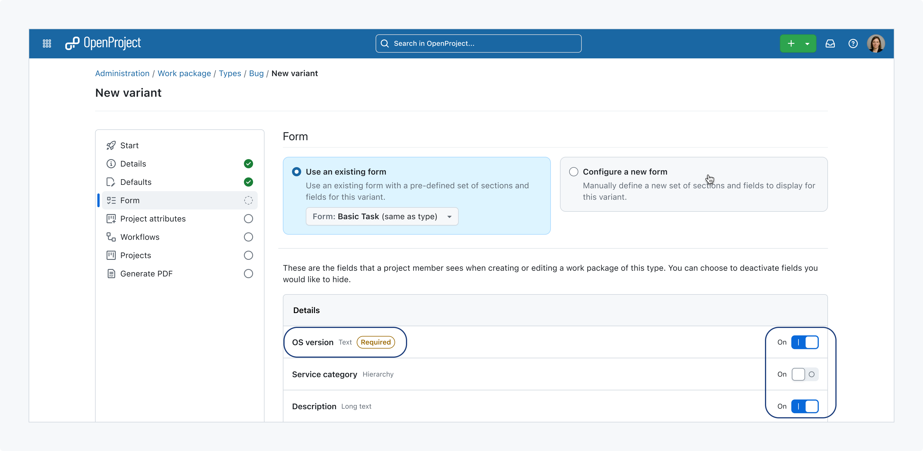 Preview of OpenProject 18.0 showing form configuration for a type variant with options to reuse a form and control individual fields