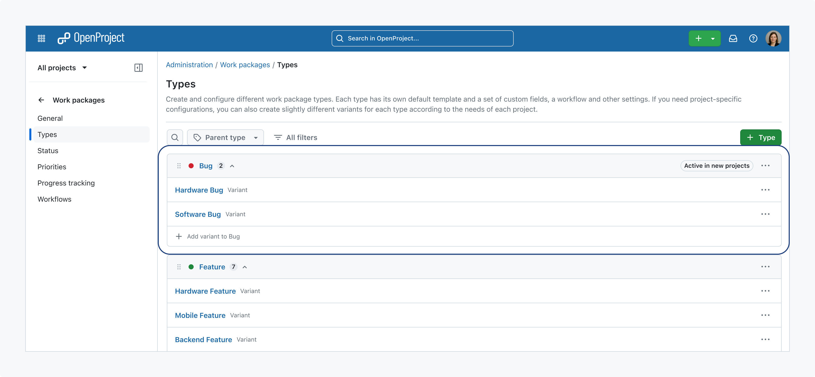 Preview of OpenProject 18.0 showing work package types with variants such as Hardware Bug, Software Bug and Feature variants