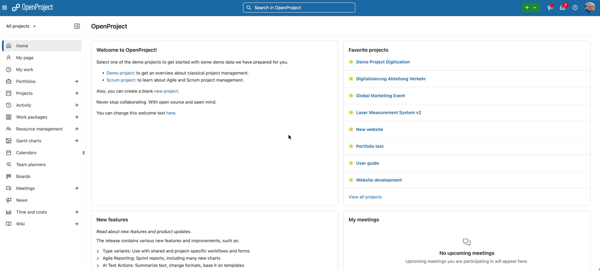 OpenProject application – preview for version 18.0: What’s new menu