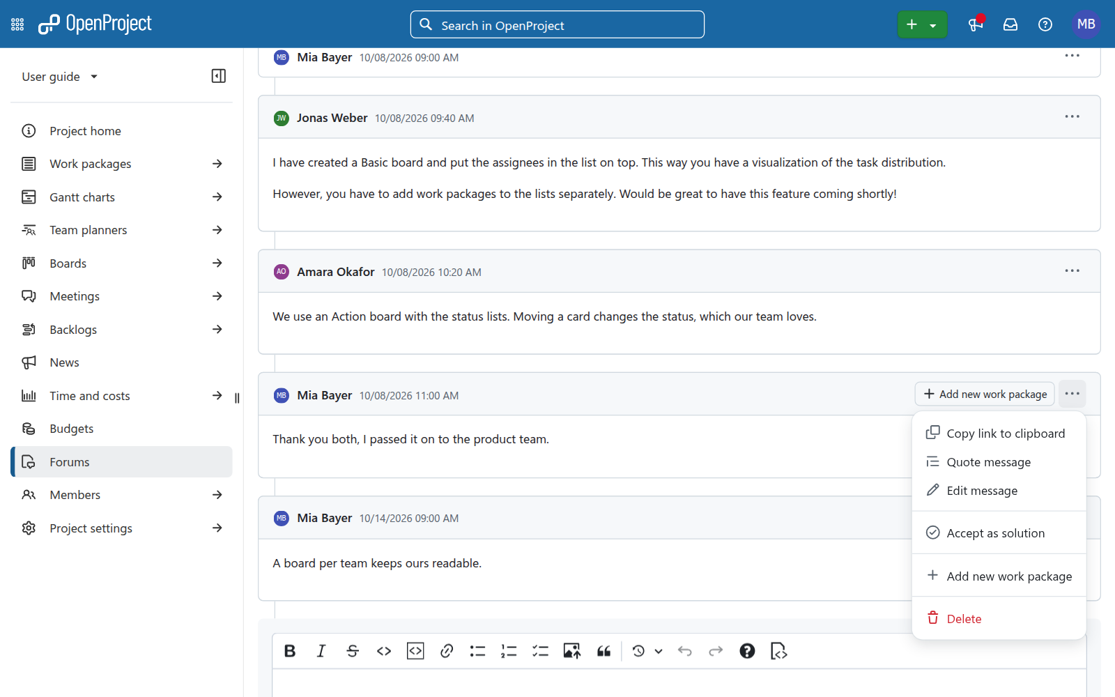 Forum discussion in OpenProject 18.0 showing the message actions menu with options to accept a reply as a solution or create a work package