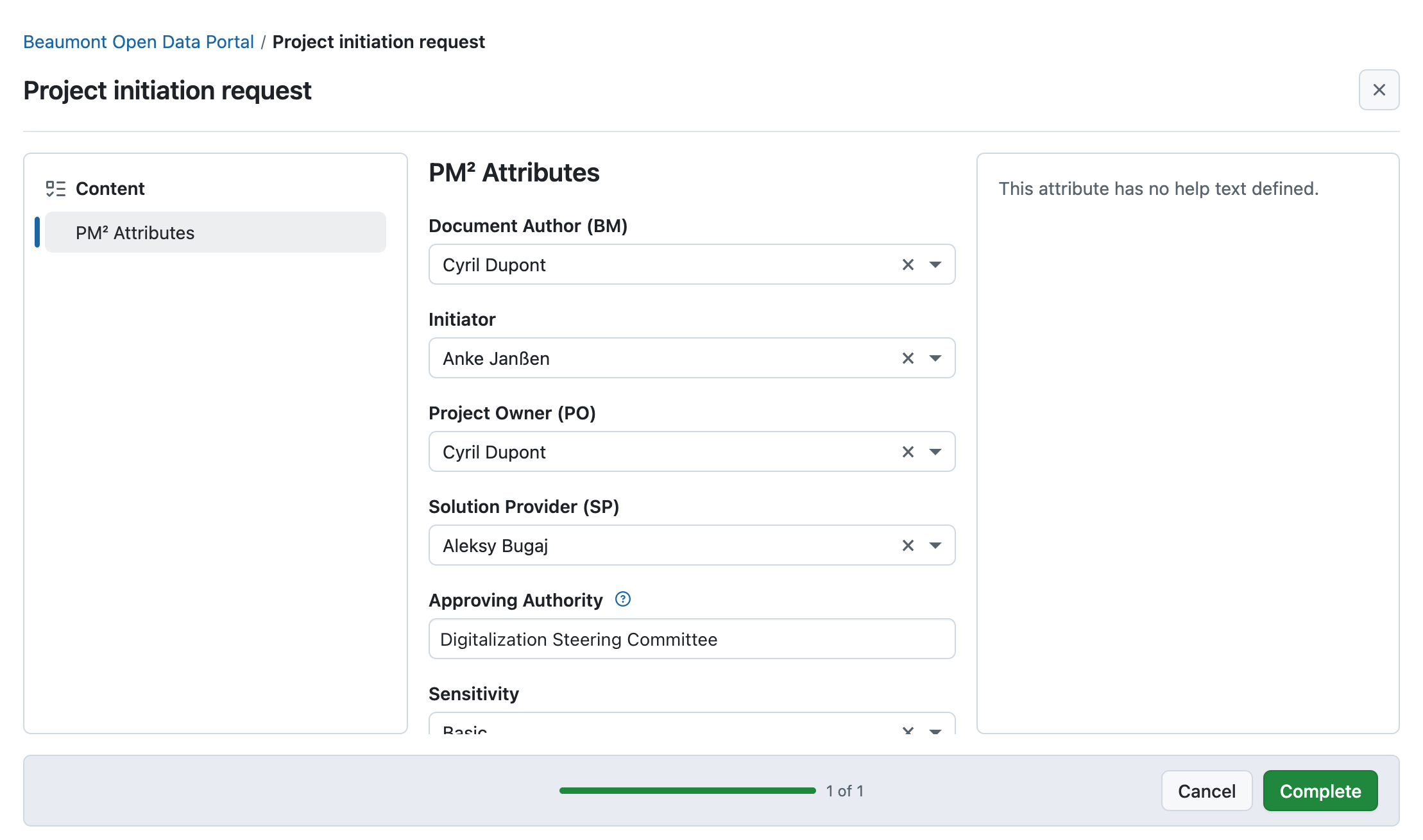 Screenshot of the Project Initiation Request Wizard, already filled with data
