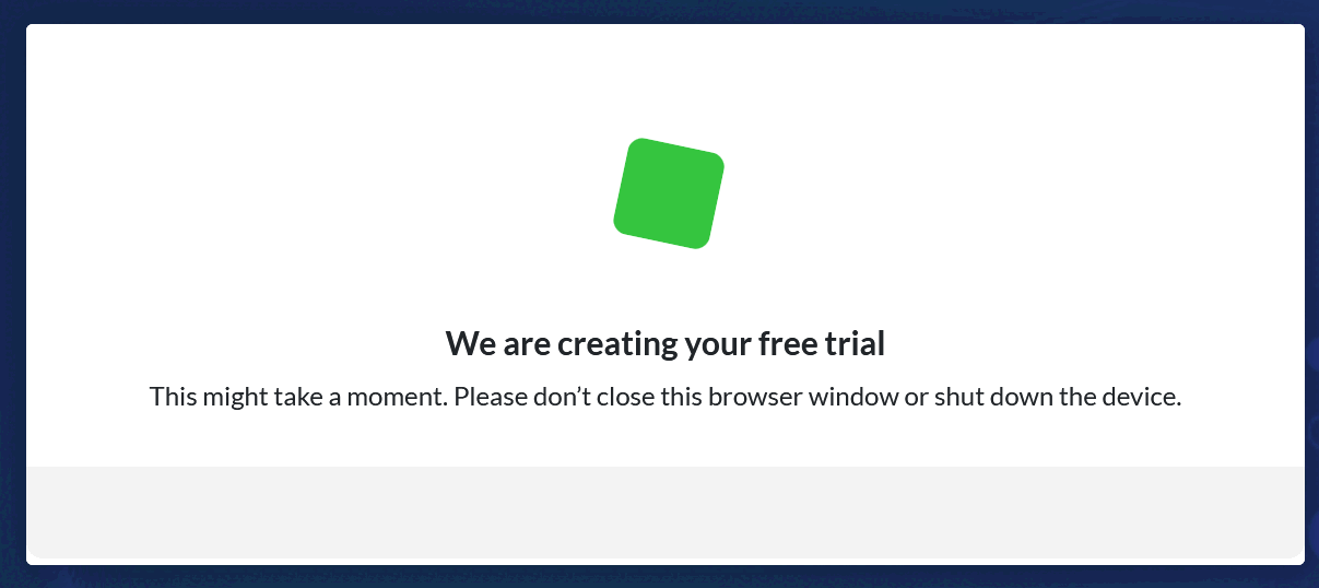 Screen showing a free trial instance for OpenProject cloud edition being created