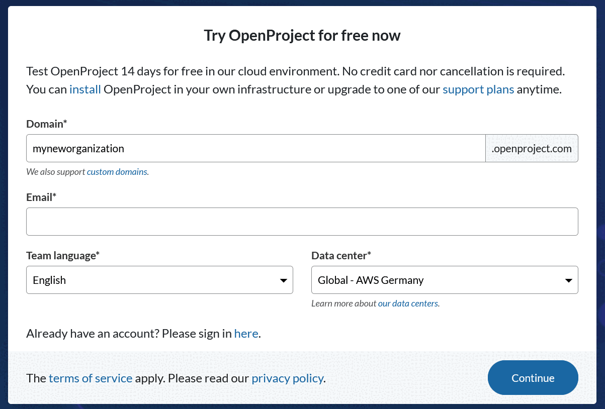 Start page to create a free Enterprise cloud trial instance with OpenProject
