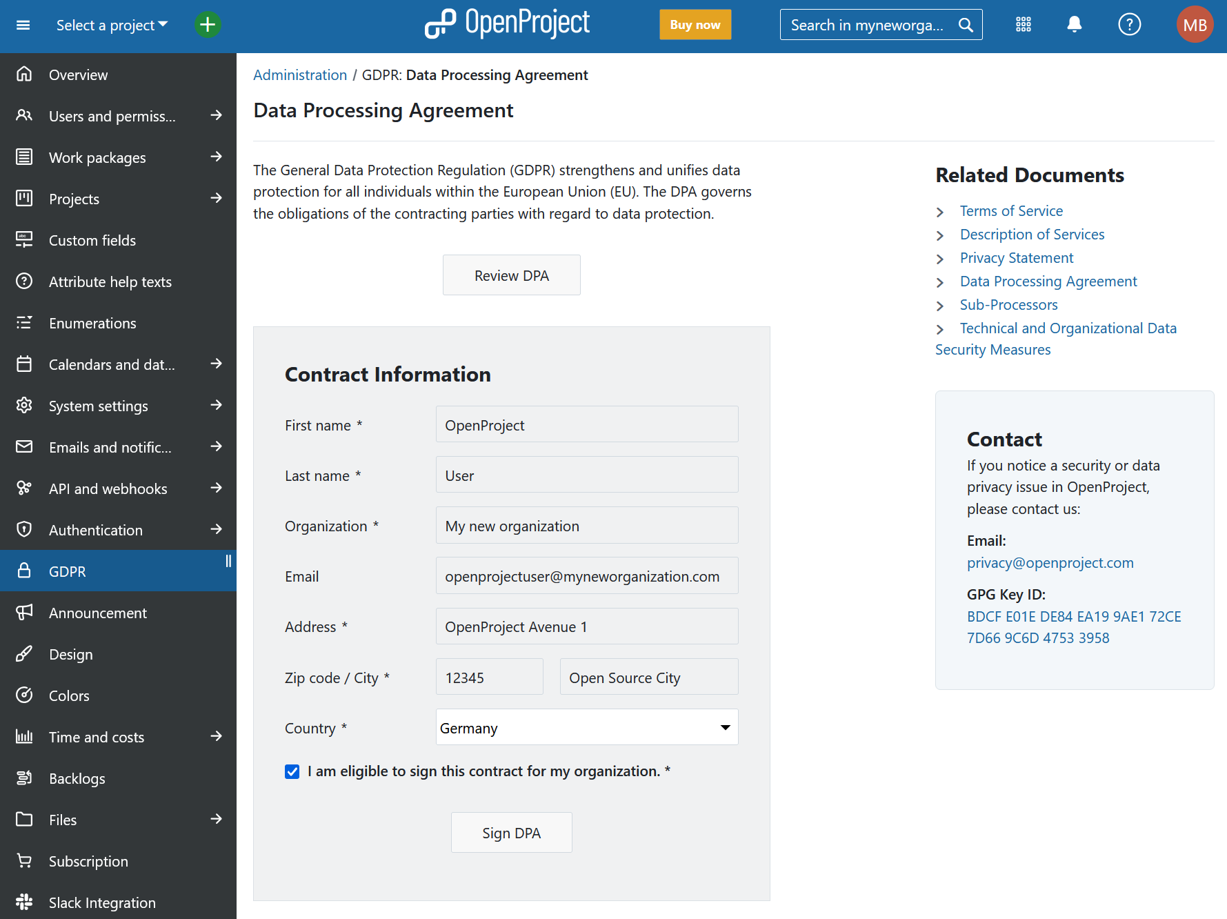 OpenProject DPA in OpenProject administration