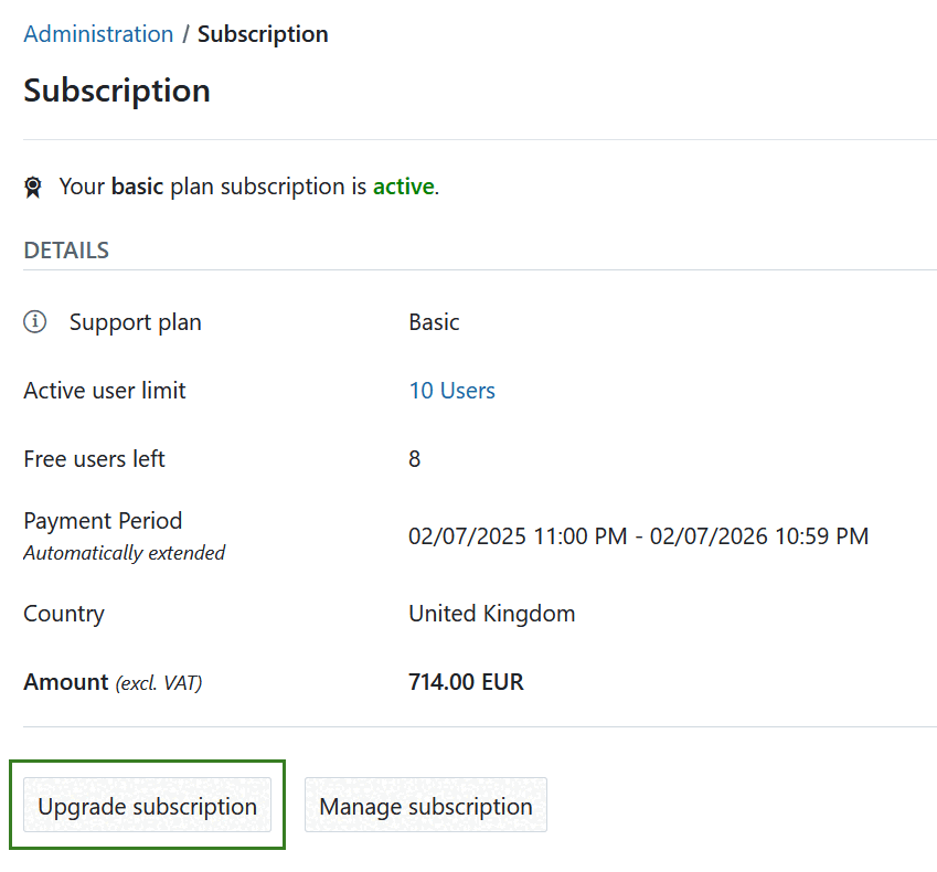 Upgrade subscription button in OpenProject administration