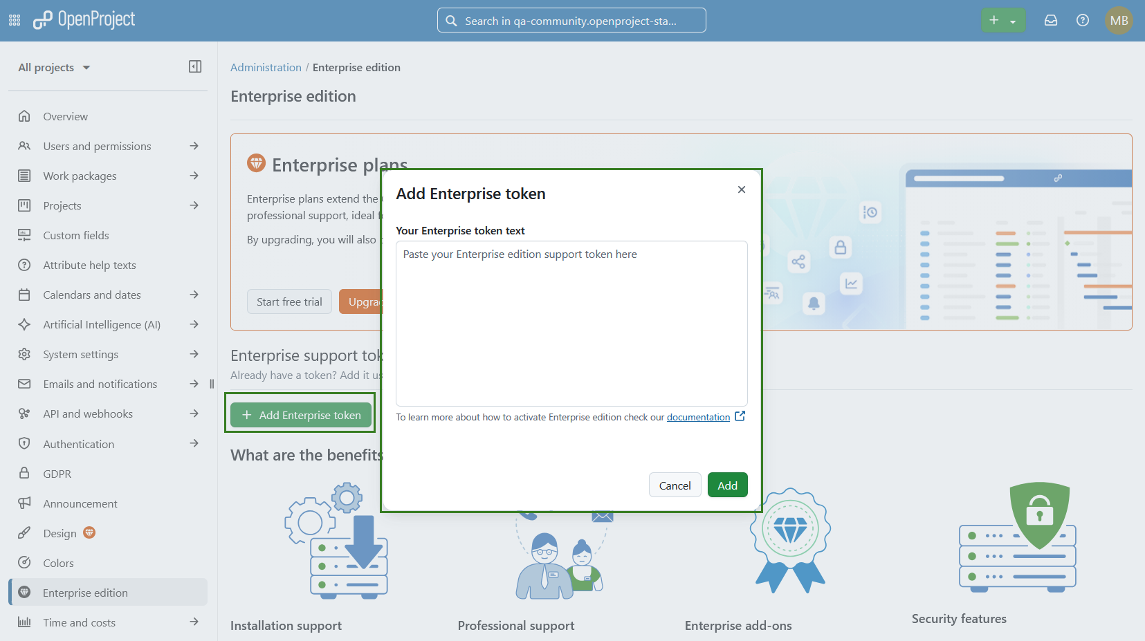 Layover form to enter your enterprise support token in OpenProject administration