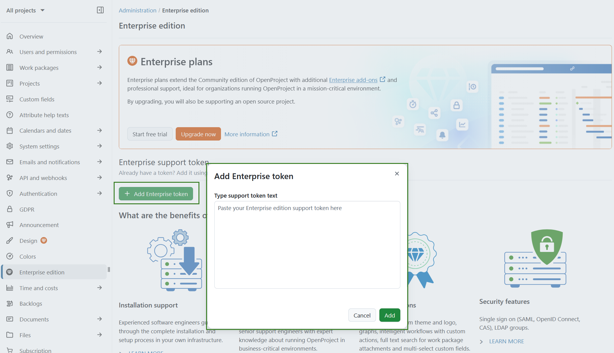 Layover form to enter your enterprise support token in OpenProject administration
