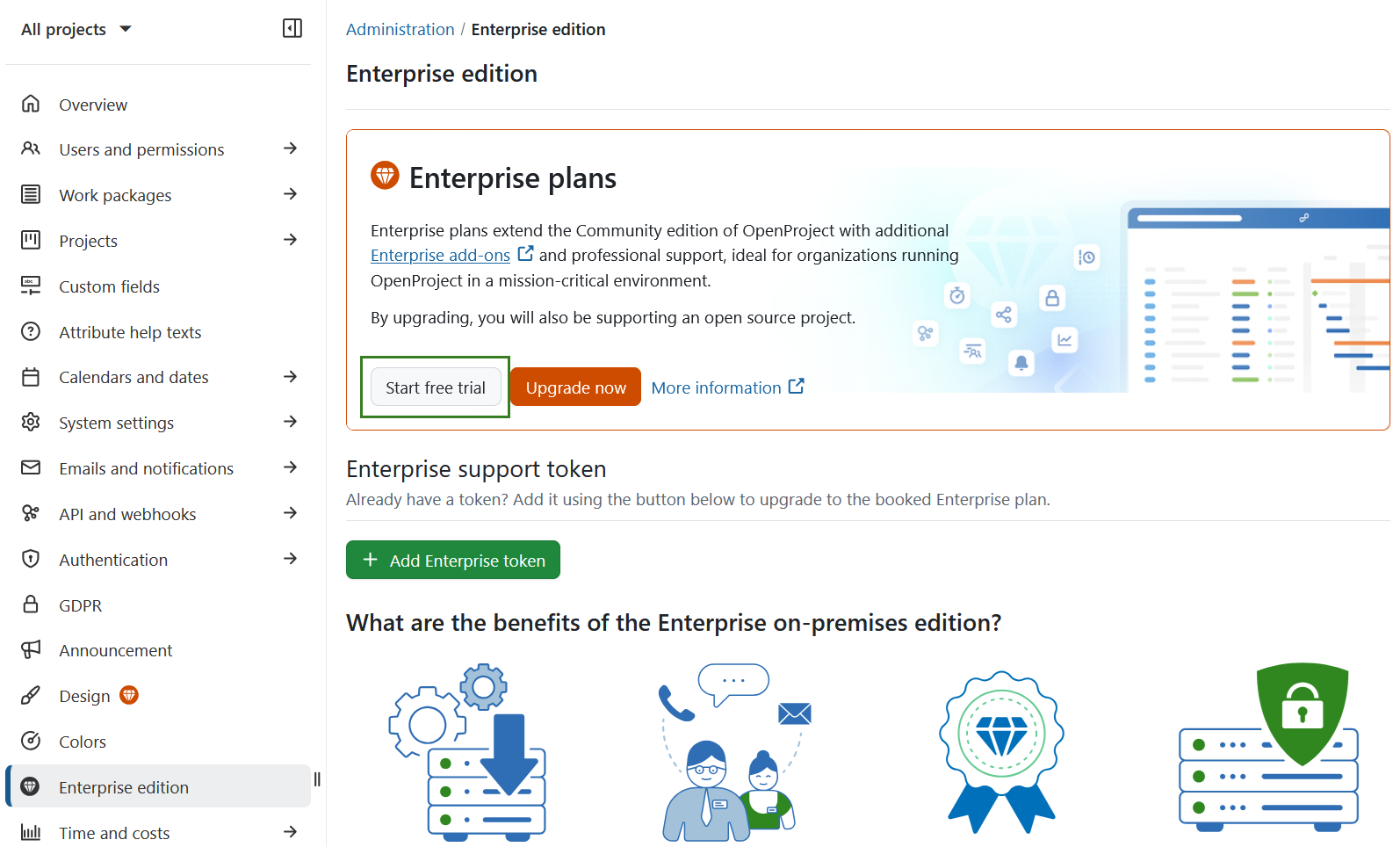 “Start trial” button to test the Enterprise edition in OpenProject administration