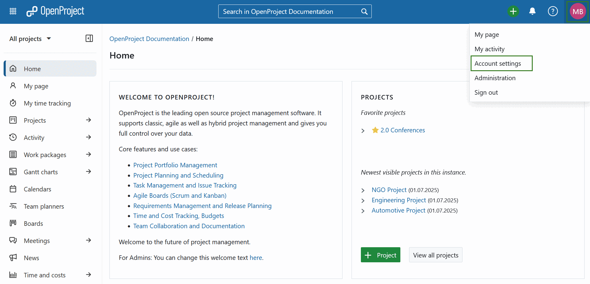 Ajustes de la cuenta en OpenProject