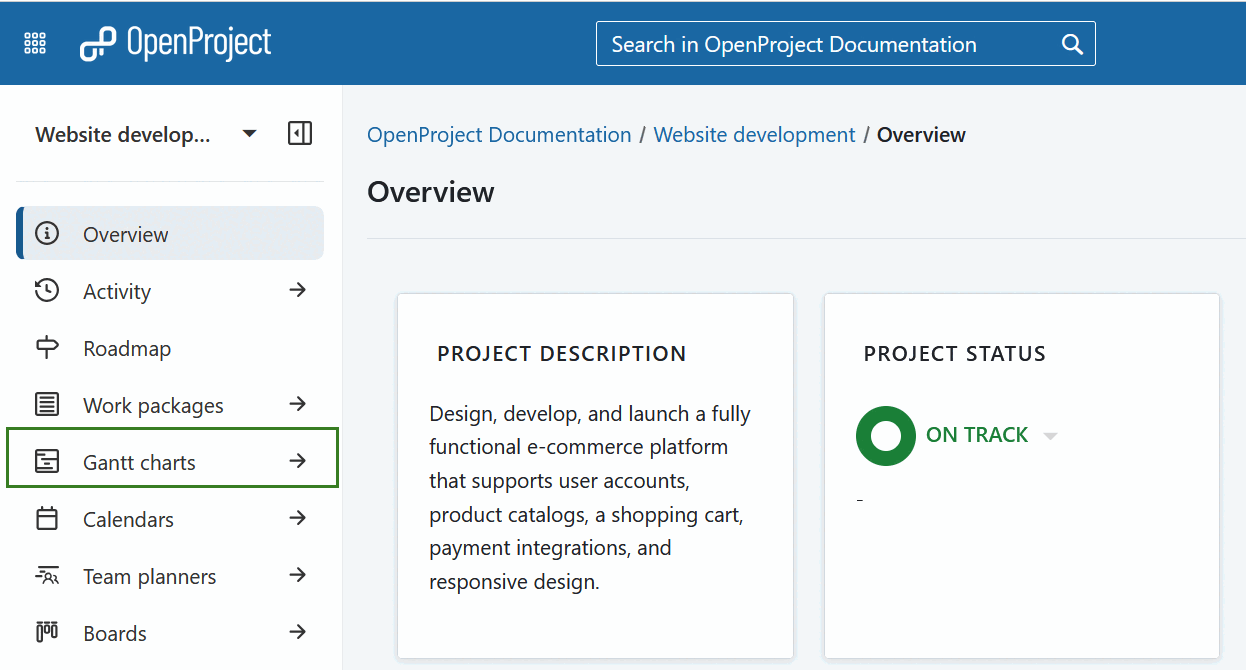 Selecionar o módulo de gráficos de Gantt no OpenProject