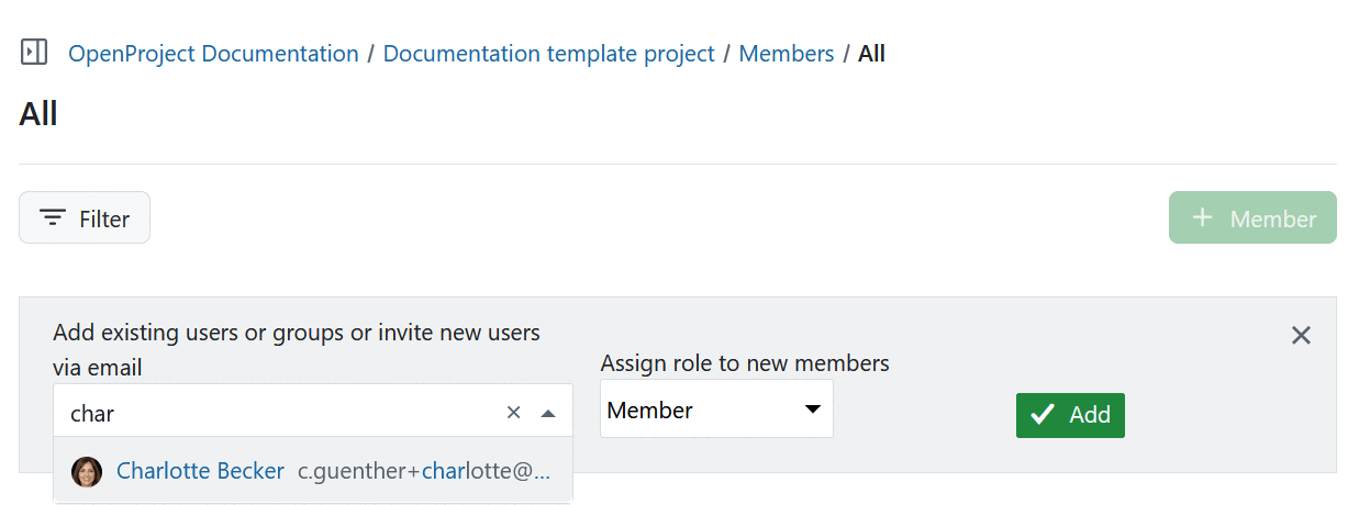 Barra de búsqueda para la selección de usuarios para invitar a miembros del proyecto en OpenProject