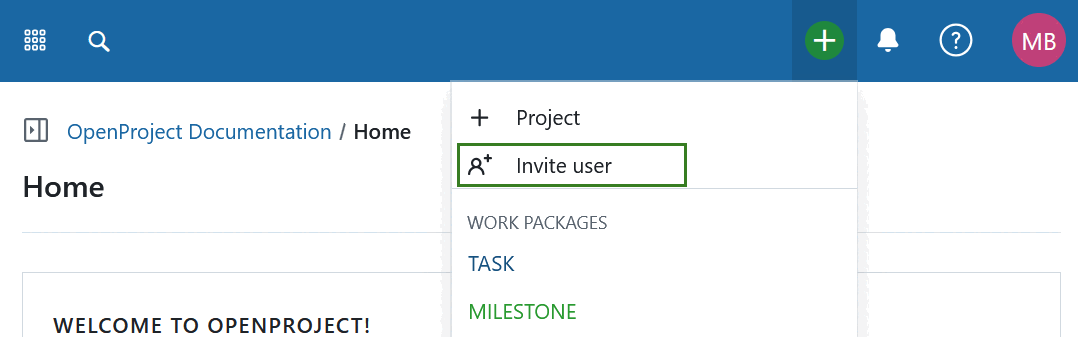Botón para invitar a nuevos usuarios en la navegación del encabezado de OpenProject