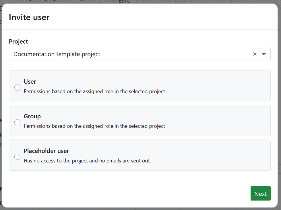 Formulario emergente para invitar a un nuevo usuario en OpenProject