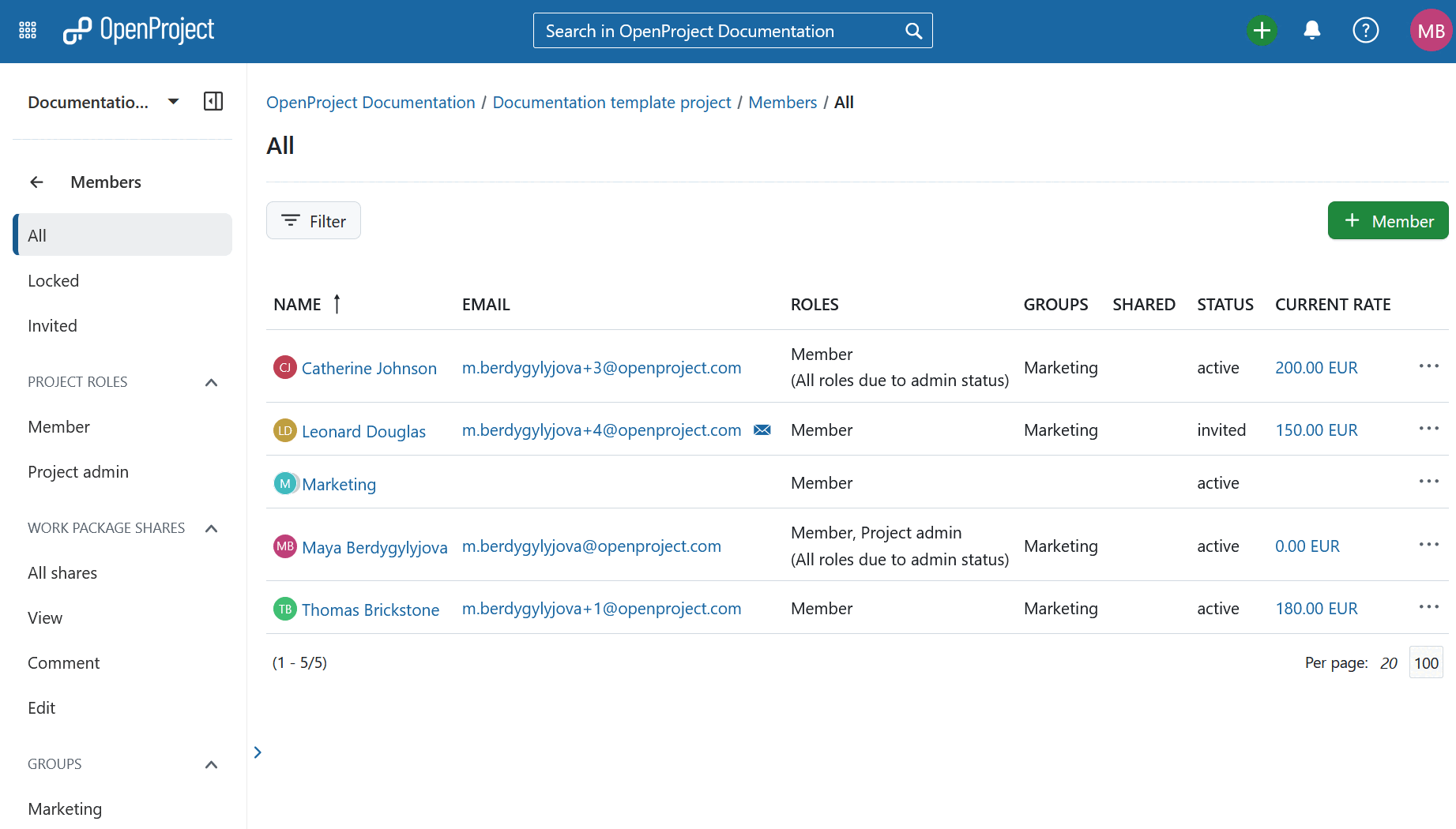 Módulo de miembros en un proyecto de OpenProject mostrando todos los miembros del proyecto