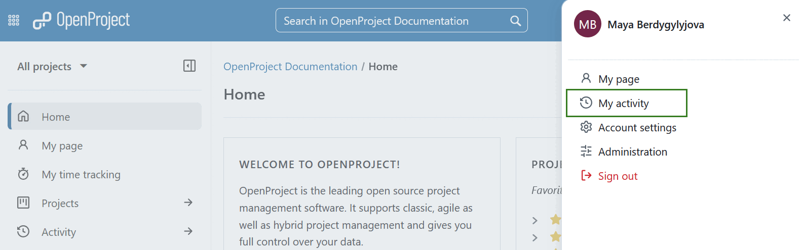 OpenProject navega a mi página de actividad