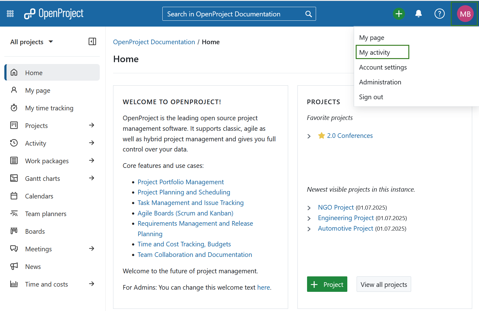 OpenProject naviguer vers la page Mon activité