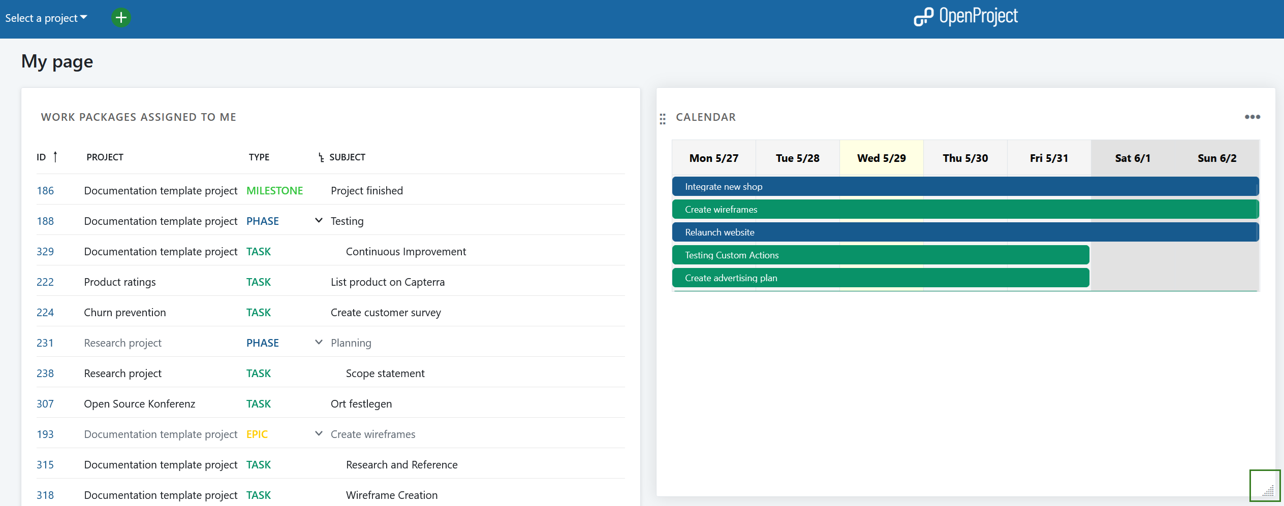Changer la taille du widget dans Ma page d’OpenProject