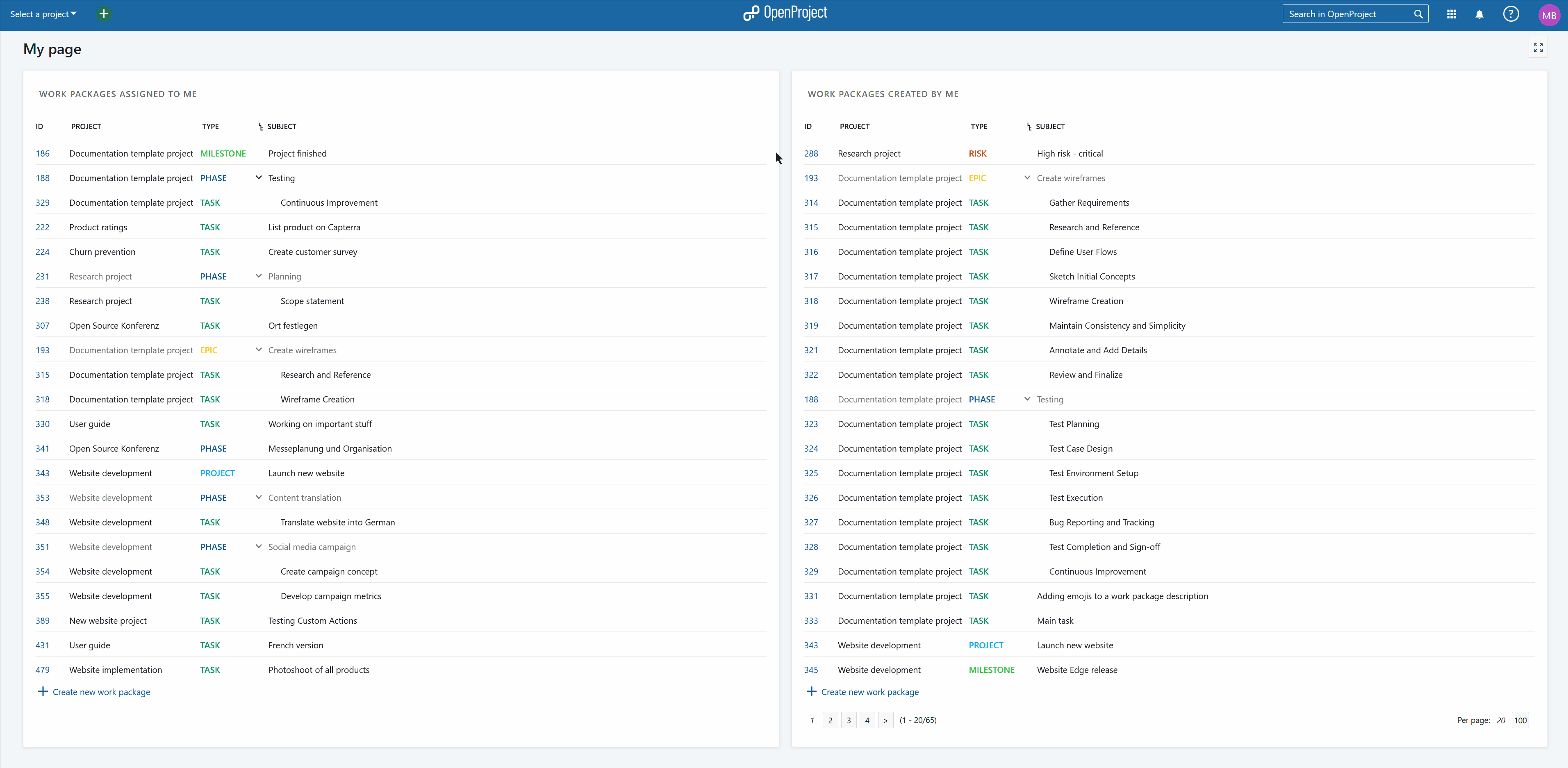 Configuration des widgets sur Ma page dans OpenProject