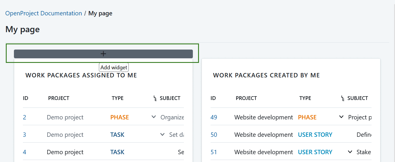 Icono «Más» para añadir un nuevo widget a Mi página en OpenProject