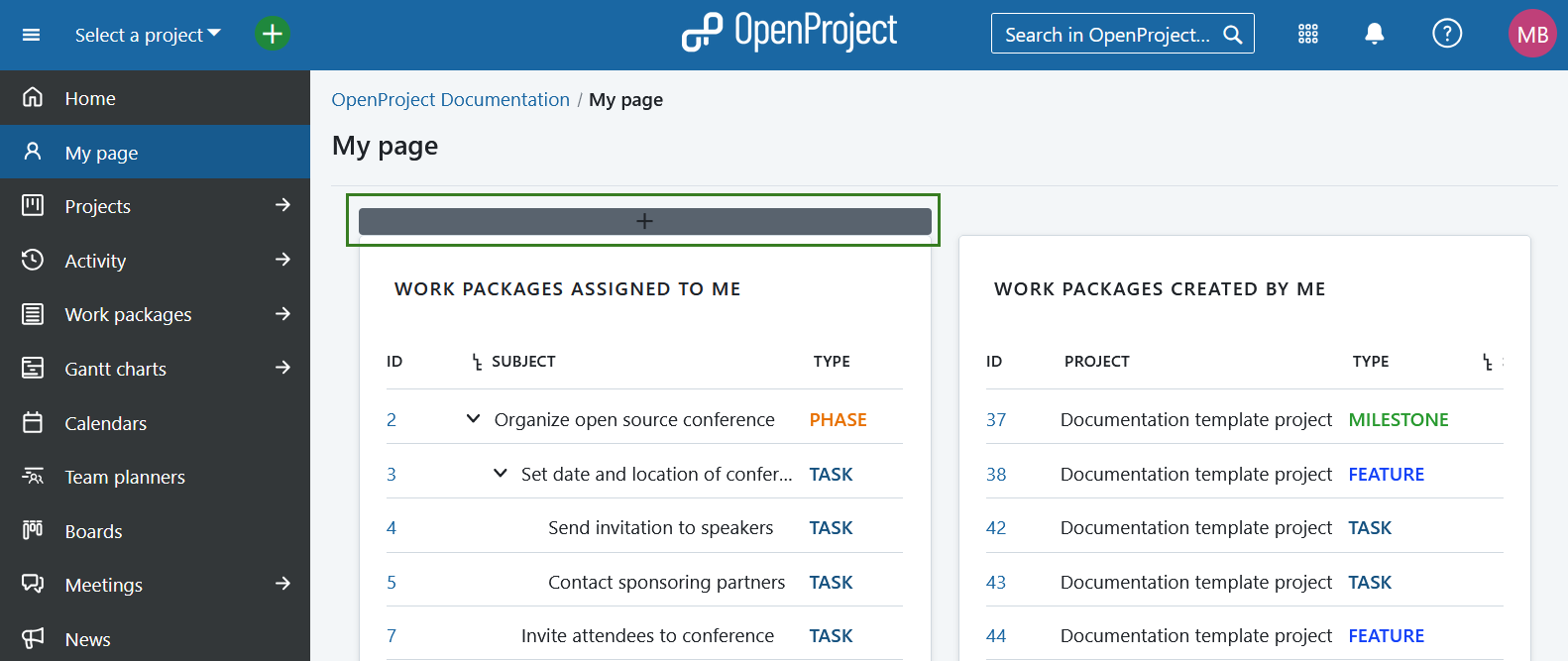 Icône Plus pour ajouter un nouveau widget à Ma page dans OpenProject