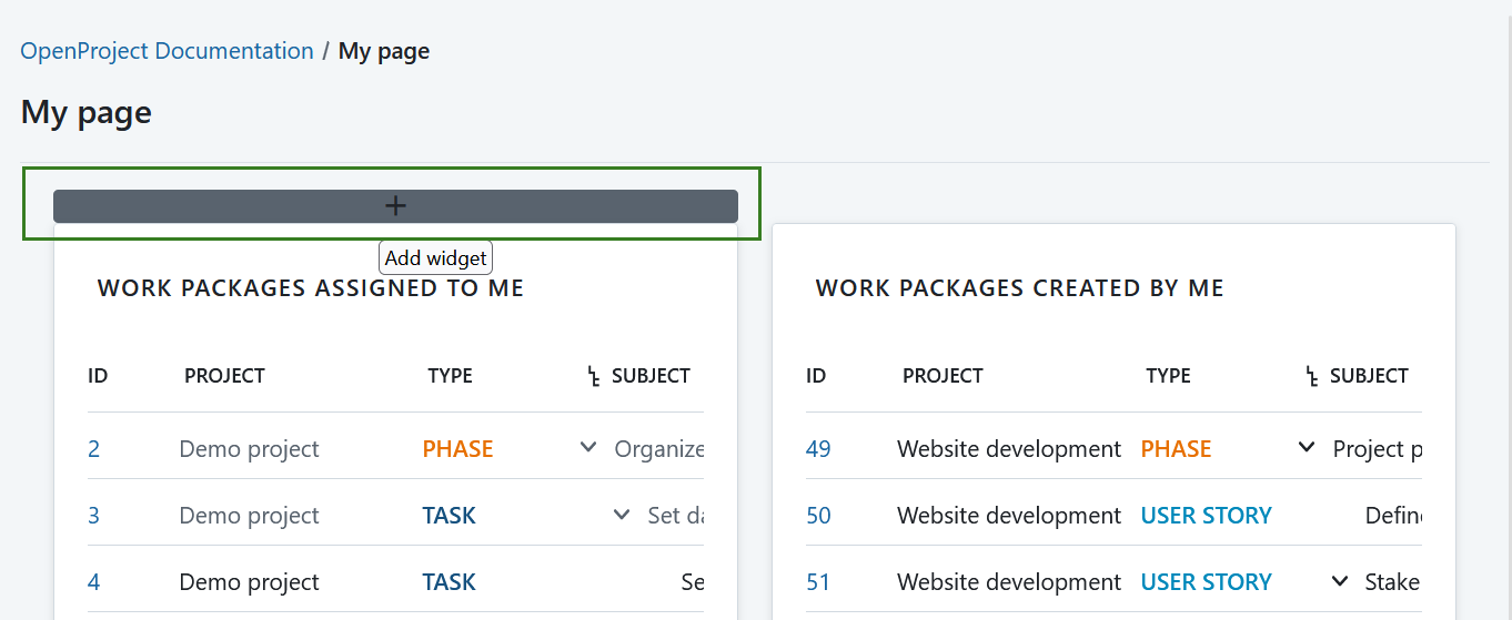 Icône Plus pour ajouter un nouveau widget à Ma page dans OpenProject
