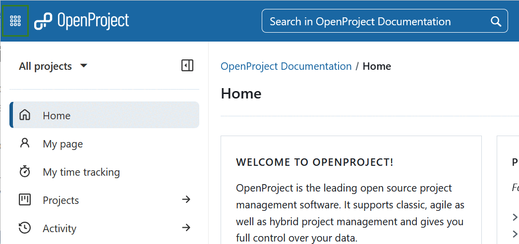 Icono de cuadrícula en la esquina superior izquierda de la navegación principal de OpenProject