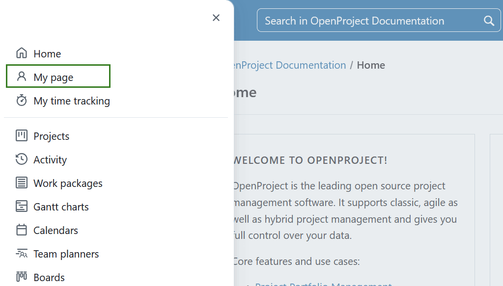Un menú superpuesto que muestra los módulos globales y otras opciones en la navegación principal en OpenProject