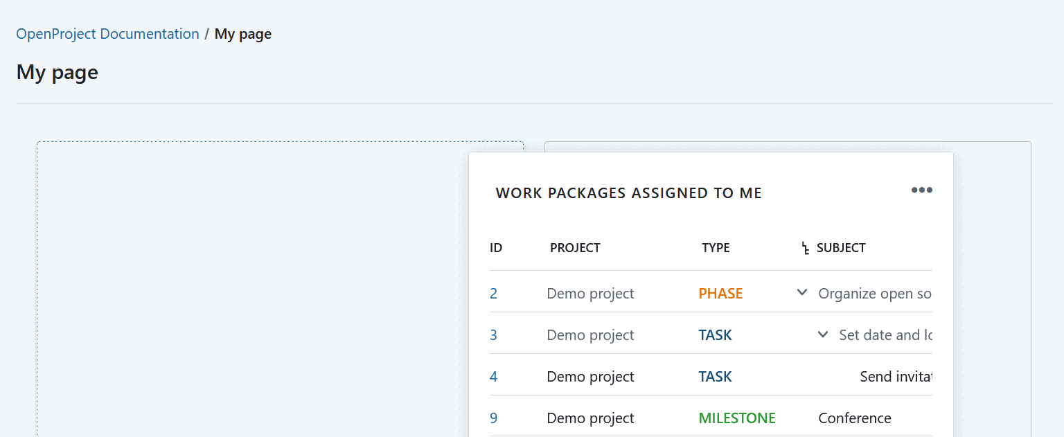 Mover un widget arrastrando y soltando en mi página en OpenProject