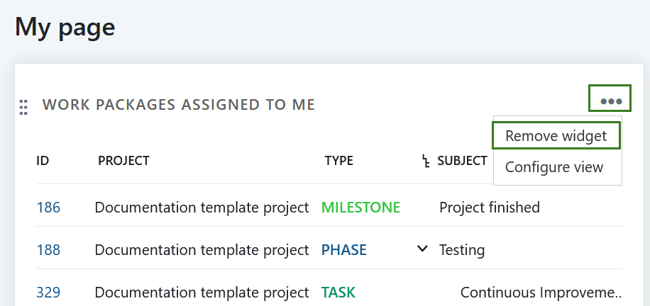 Eliminar un widget de mi página en OpenProject