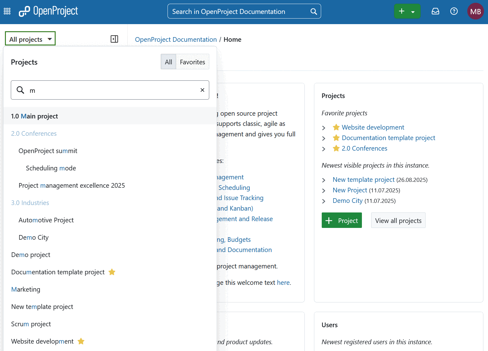Menú desplegable de selección de proyectos denominado «todos los proyectos» en la navegación del encabezado de OpenProject, abierto y mostrando una lista de los proyectos existentes