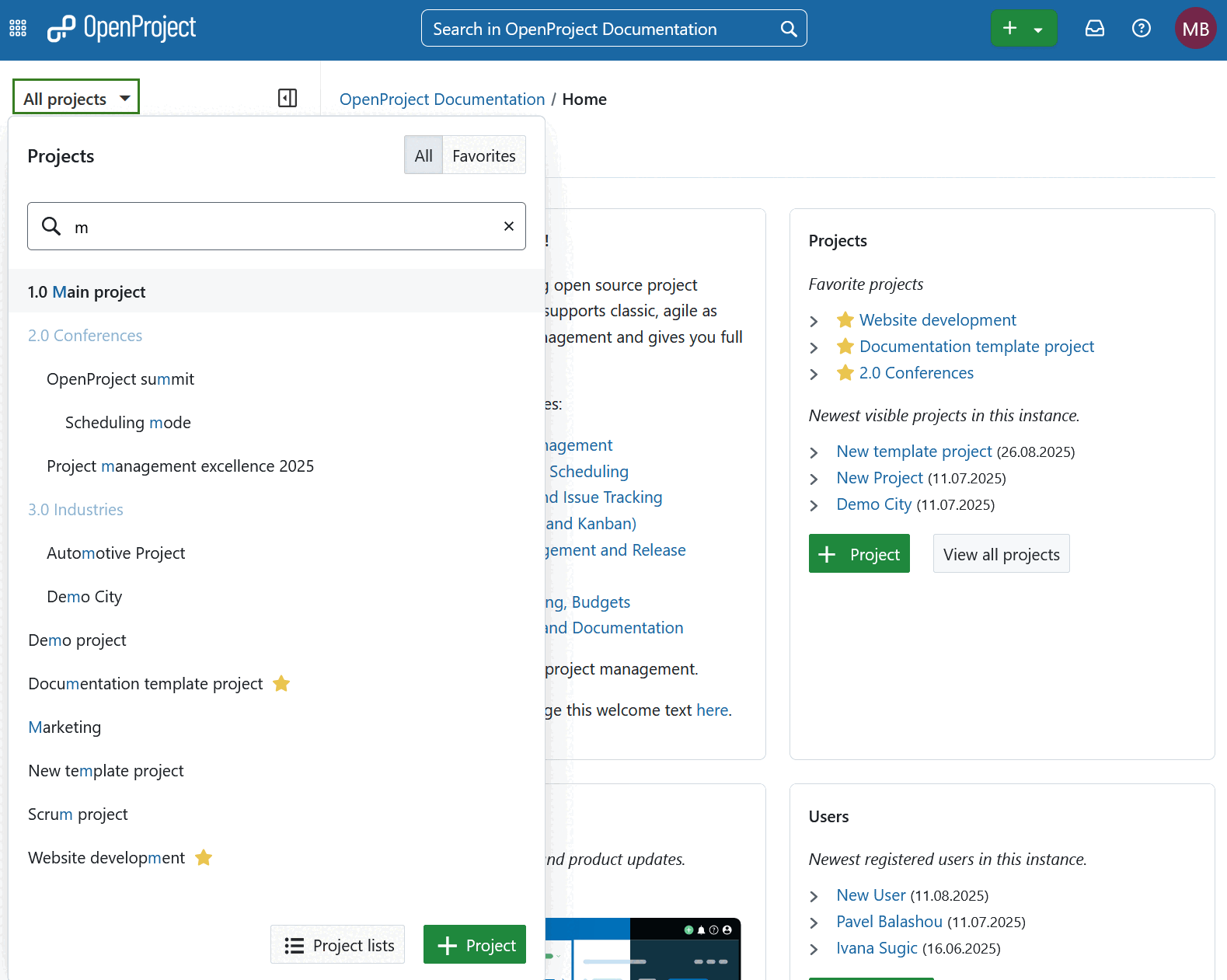 Menú desplegable de selección de proyectos denominado «todos los proyectos» en la navegación del encabezado de OpenProject, abierto y mostrando una lista de los proyectos existentes