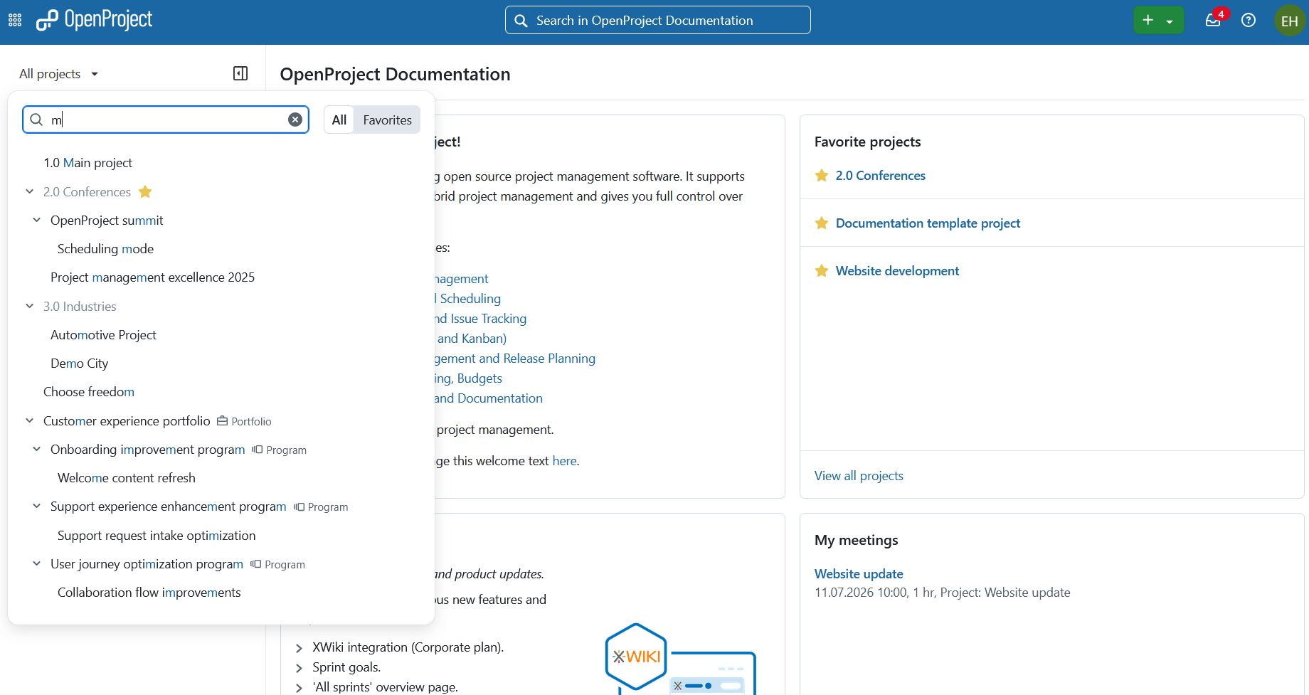 Menu déroulant de sélection de projet appelé « Tous les projets » dans l’en-tête de navigation d’OpenProject, ouvert et affichant une liste de projets existants