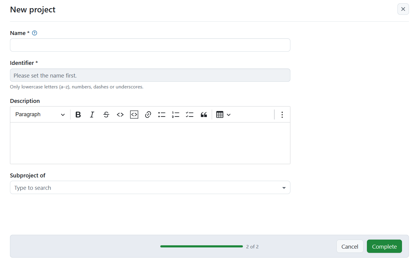 Nommez et créez un nouveau projet dans OpenProject