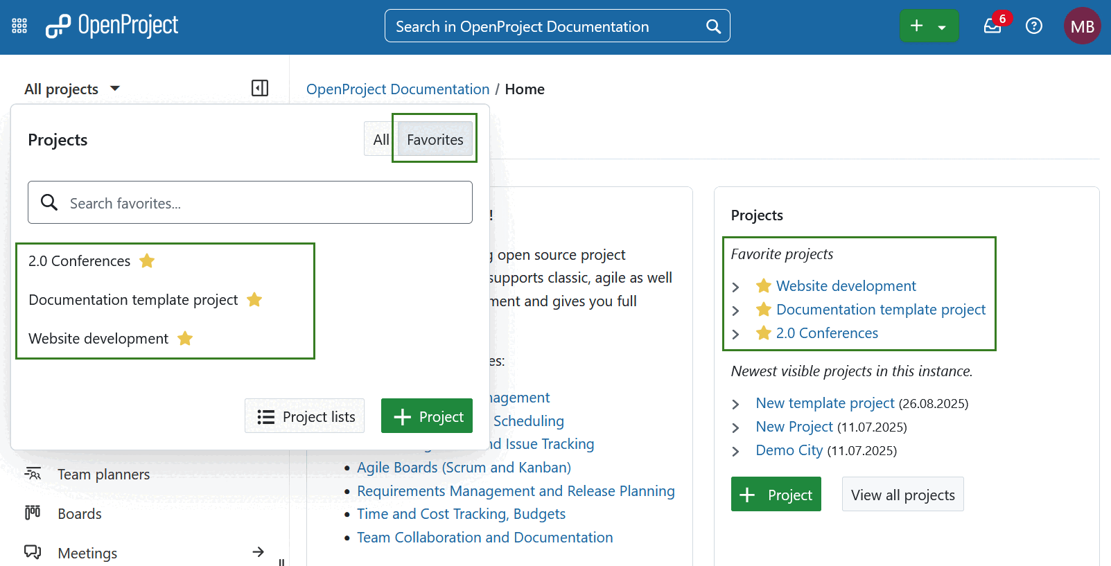 Proyectos favoritos mostrados en la página de resumen de OpenProject
