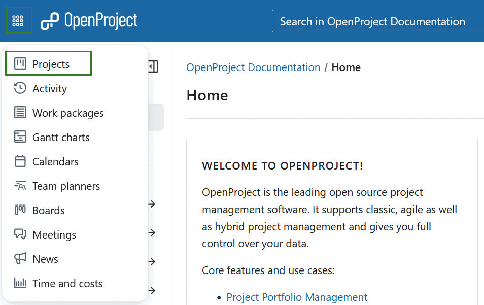 Icono de cuadrícula Módulos globales en la navegación del encabezado de OpenProject, abierto, módulo Proyectos seleccionado