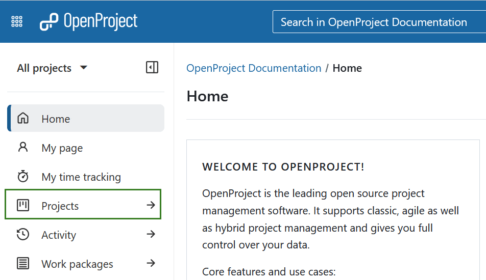Módulo global de proyectos seleccionado en el menú de la izquierda de la página de resumen de OpenProject