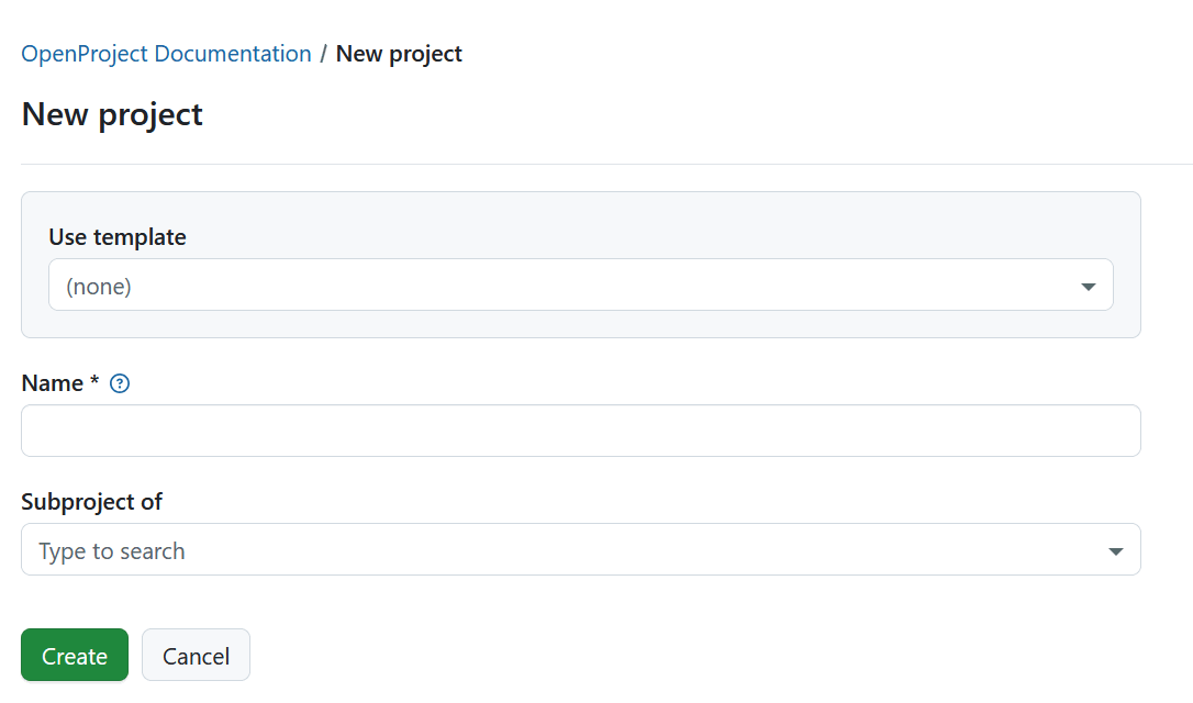 Nombre y cree un nuevo proyecto en OpenProject