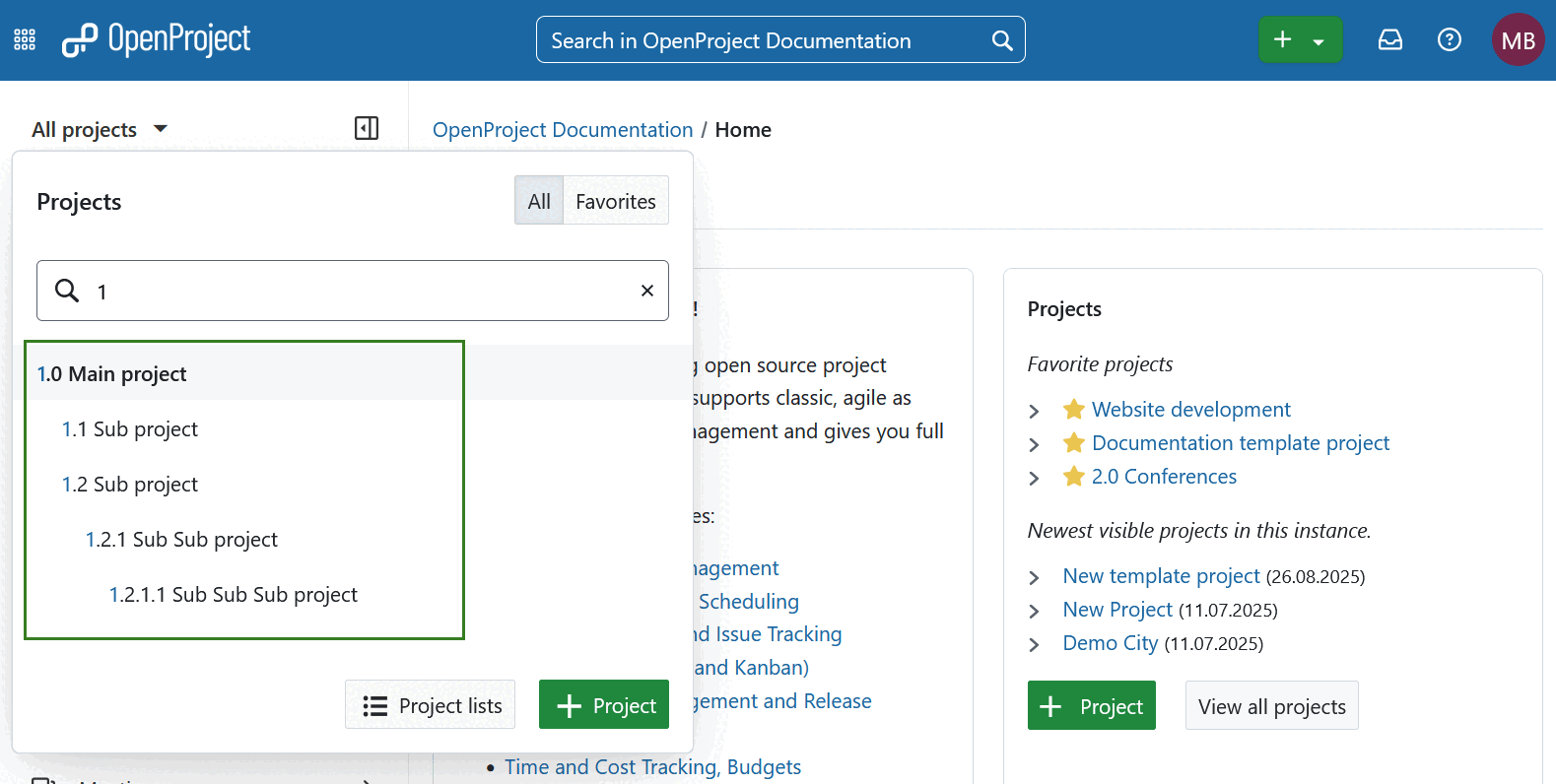 Jerarquía de proyectos mostrada en el menú desplegable «todos los proyectos» en OpenProject