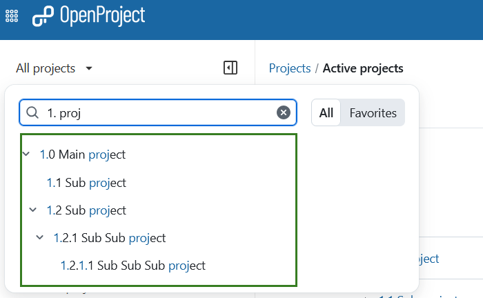 Hiérarchie des projets affichée dans le menu déroulant « Tous les projets » dans OpenProject