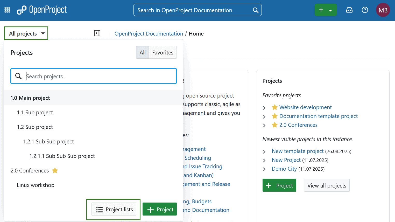 Botón «Lista de proyectos» en la parte inferior de la lista desplegable «Todos los proyectos» en la navegación del encabezado de OpenProject para abrir una lista de todos los proyectos
