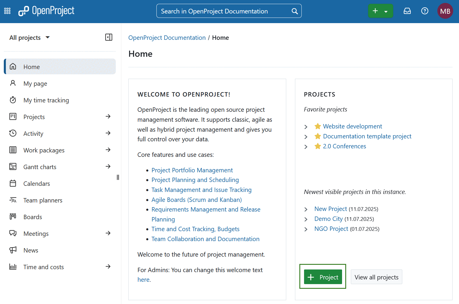 Botón para crear un nuevo proyecto en la página principal de OpenProject