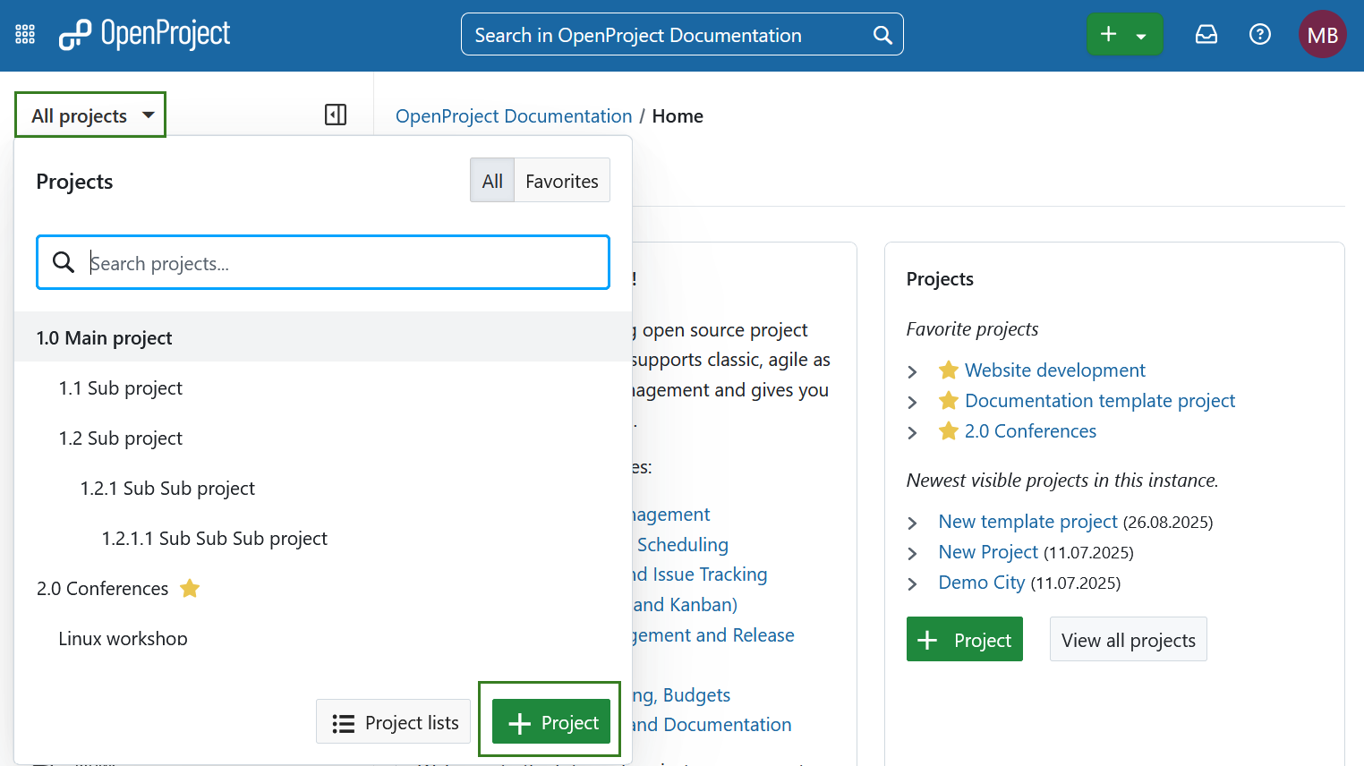 +Botón de proyecto para crear un nuevo proyecto en la página general de OpenProject