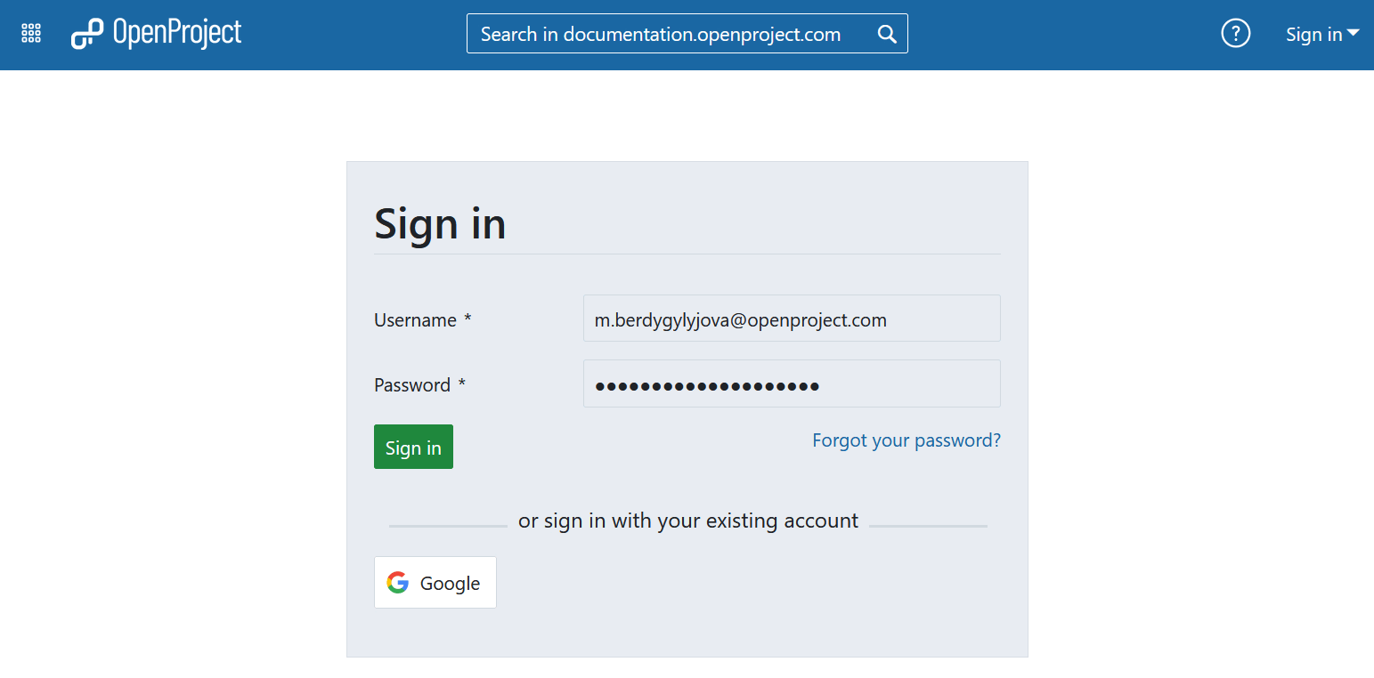 Sign in screen for an OpenProject instance