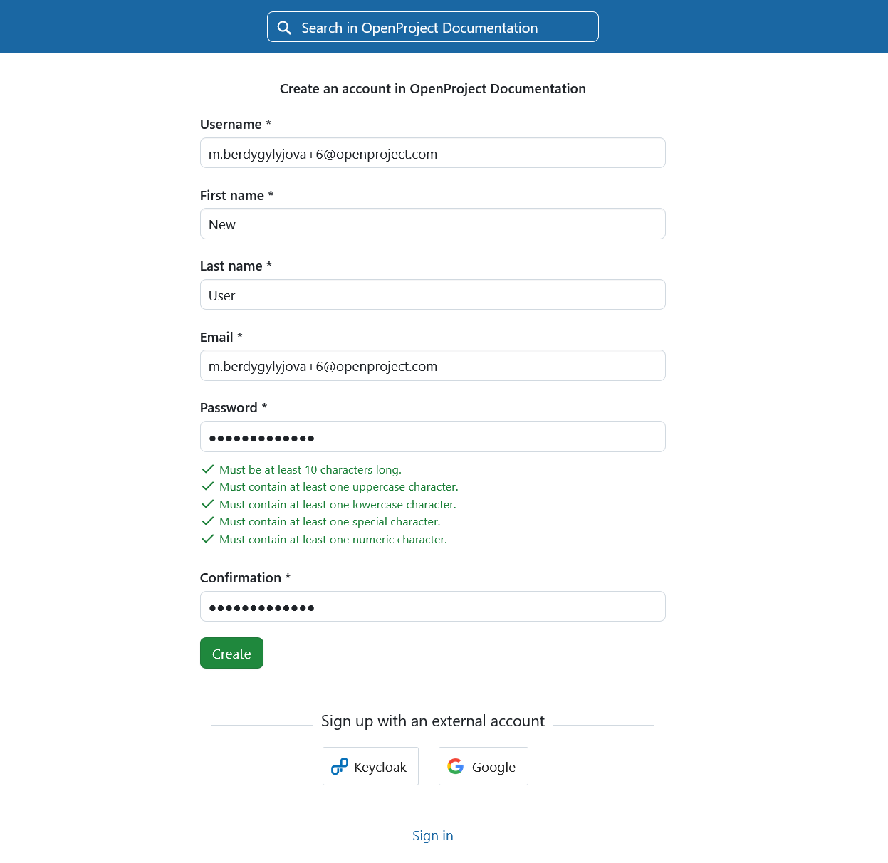 Create a new account for OpenProject